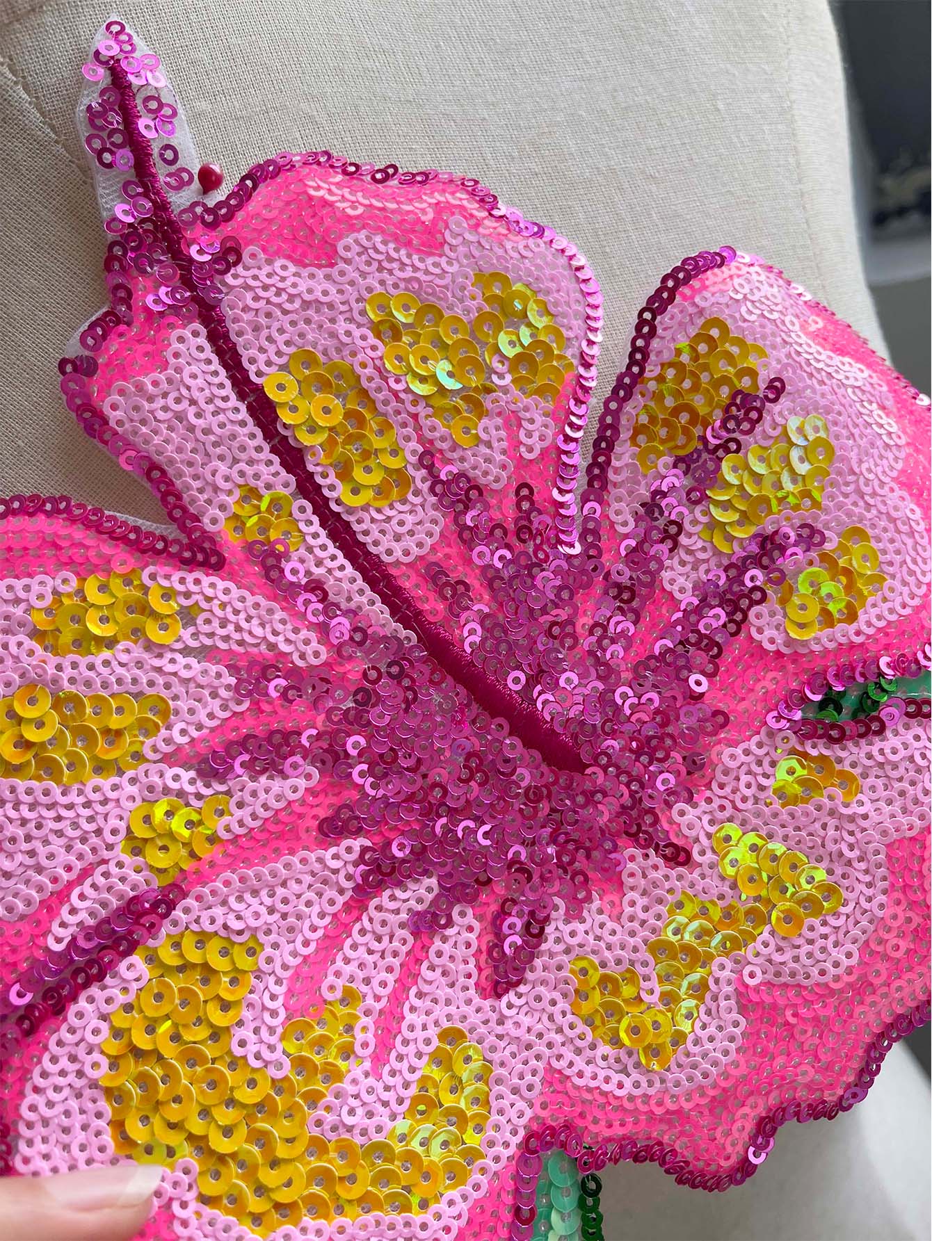 Applique Patch Flower - 1 buah 26CM payet merah muda